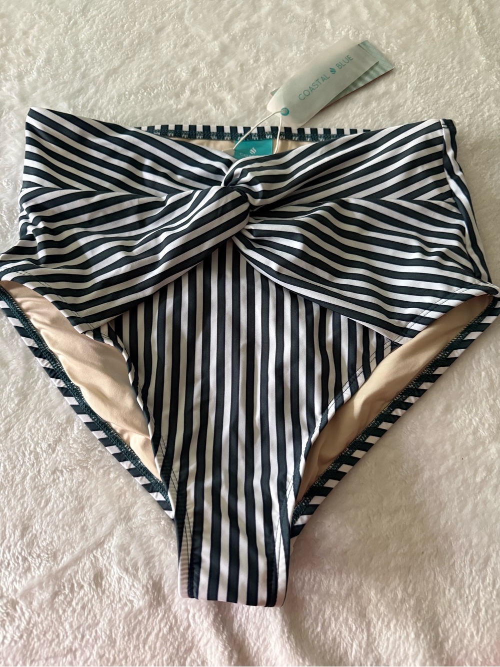 New Coastal Blue High Waist Green White Striped Bikini Bottom M NWT